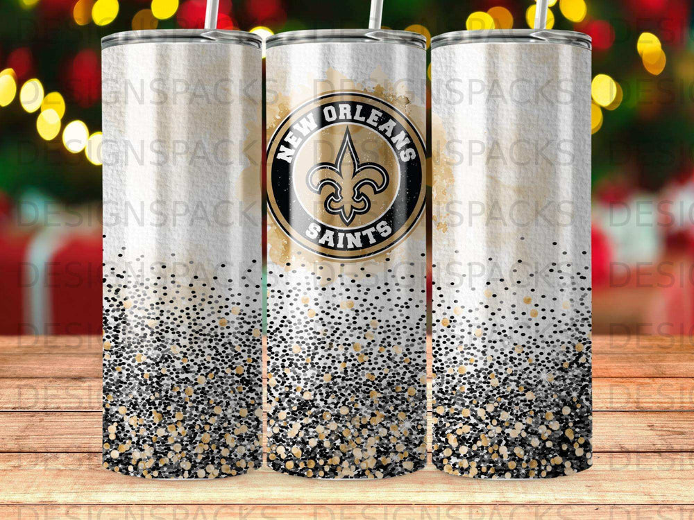 New Orleans Saints tumbler with black, gold, and white glitter.