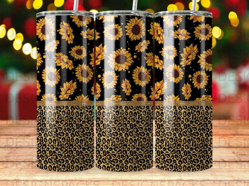Tumbler with sunflowers and leopard print design.
