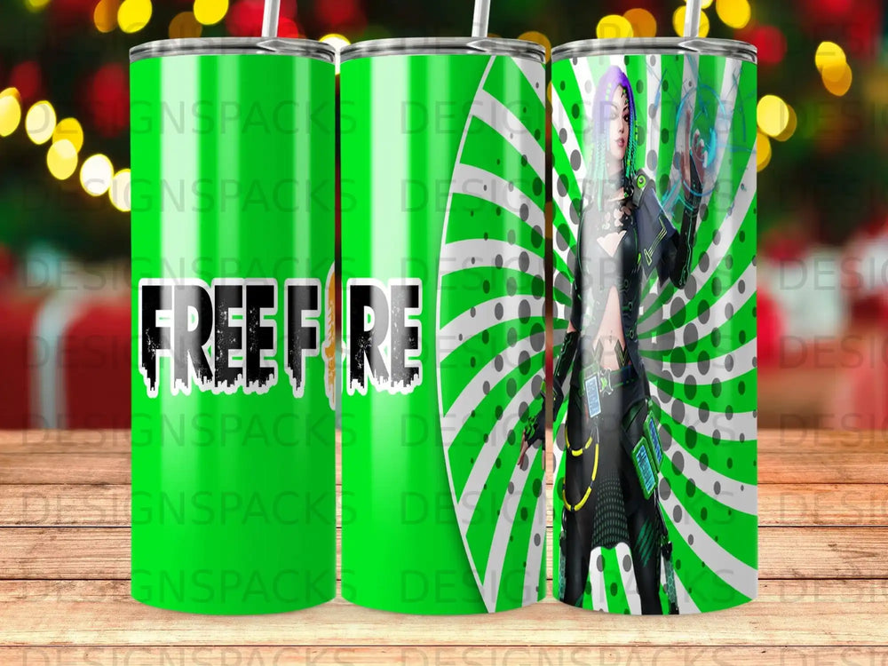 Free Fire tumbler with green circular pattern and character art.