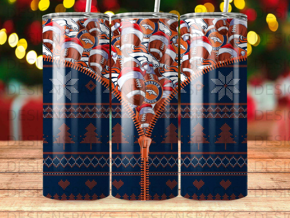 Denver Broncos navy blue tumbler with snowflake and zipper pattern.