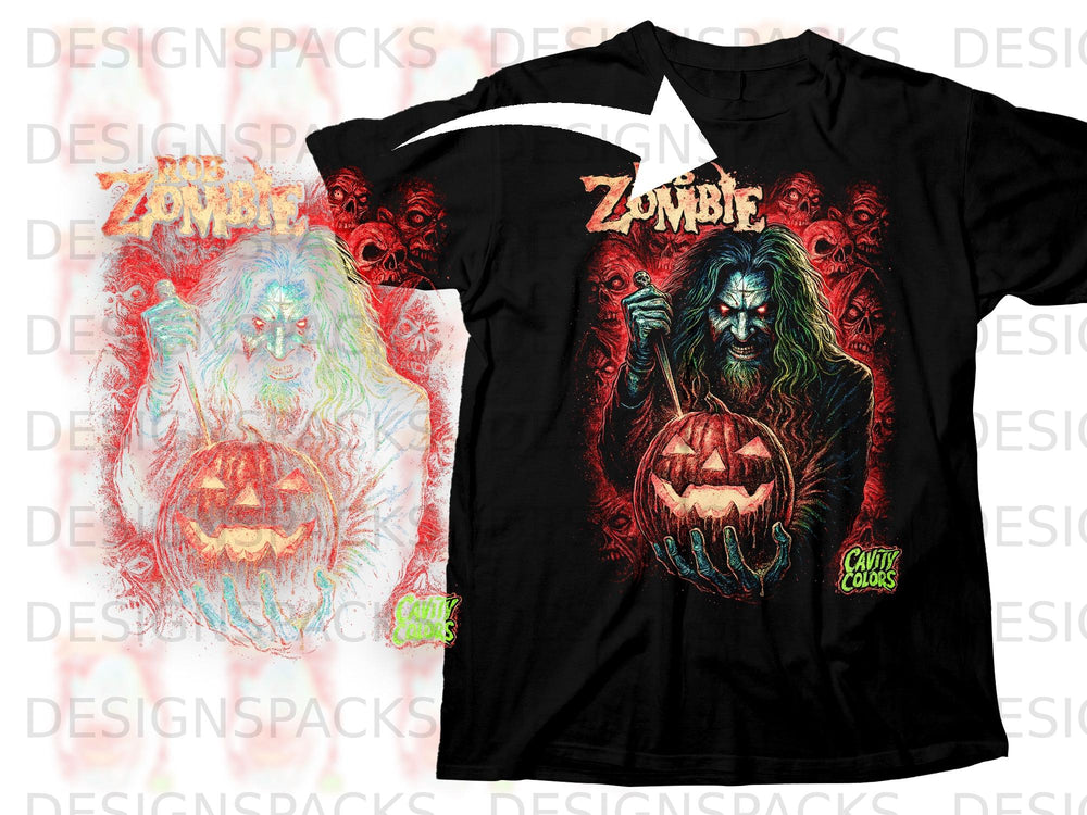 Black t-shirt with Rob Zombie graphic holding a pumpkin and skulls. Cavity Colors logo.