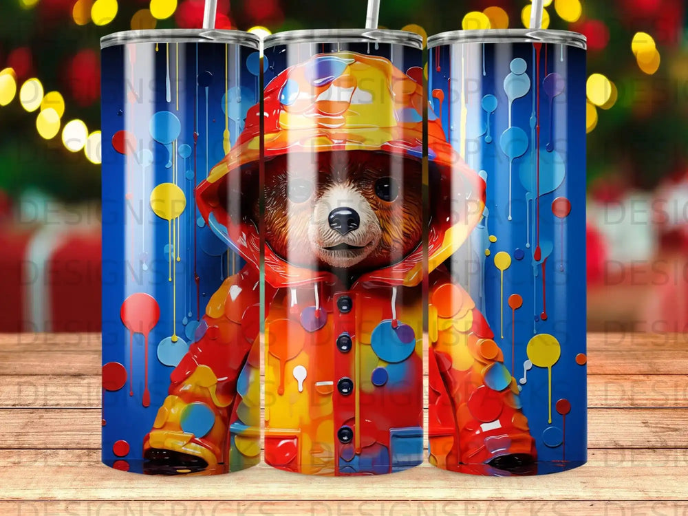 Bear in a colorful raincoat with bubble pattern, close-up.