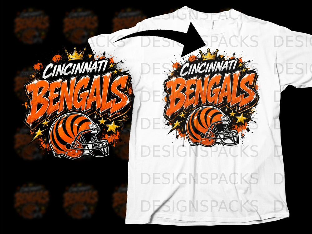 Cincinnati Bengals football helmet and text graphic with stars and crown.