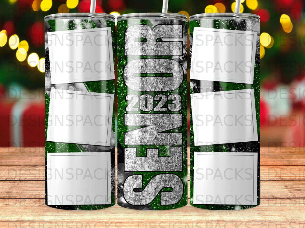 Tumbler with "SENIOR 2023" in large silver glitter text and festive background.