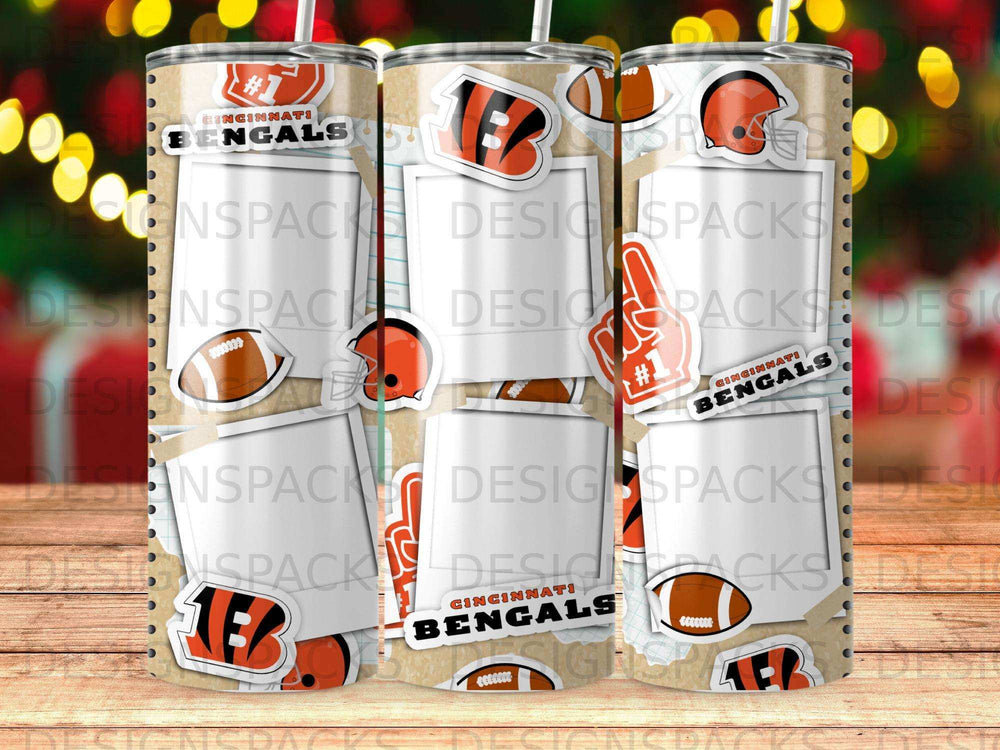 Cincinnati Bengals tumbler with football helmet and team logos.