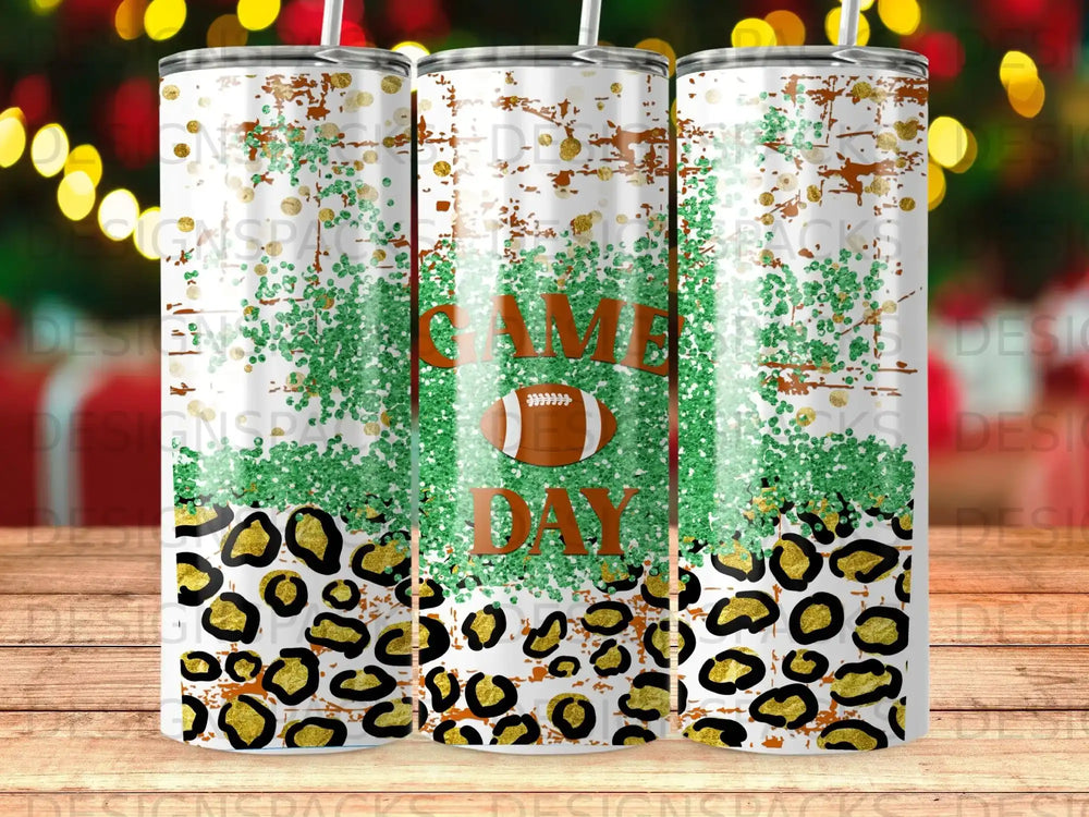 Tumbler with "Game Day" text, leopard print, and green glitter design.