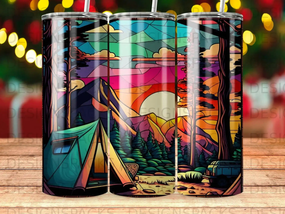 Colorful stained-glass style illustration of a campsite at sunset with mountains and trees.