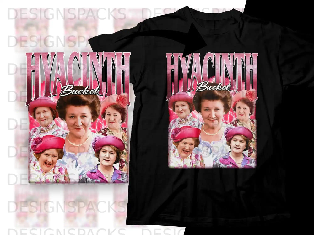 T-shirt graphic of Hyacinth Bucket with collage of character images.