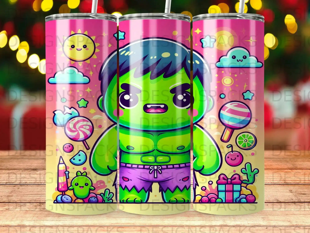 Hulk character with candy, stars, and a rainbow.