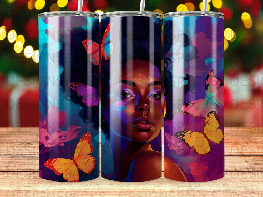 Woman with butterflies on colorful abstract background.