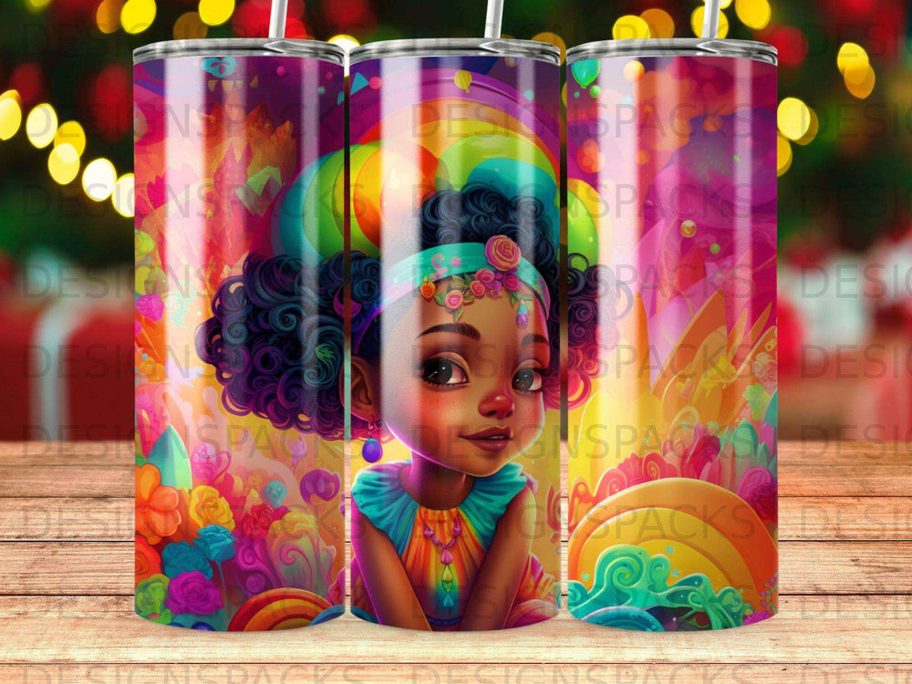Young girl with colorful braids and vibrant dress on a rainbow background.