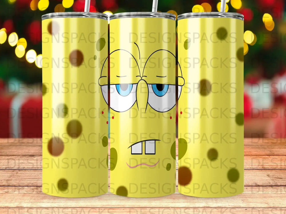 Spongebob Squarepants on a yellow tumbler with red and green bokeh background.