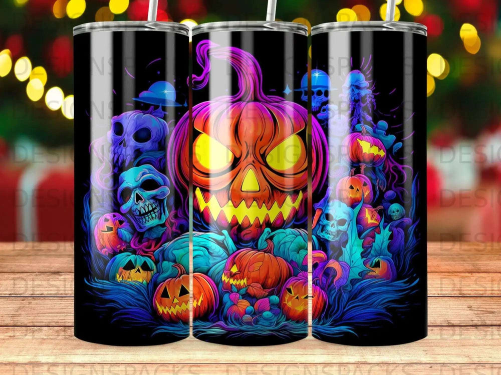 Scary Halloween pumpkin, skulls, and bats on a dark background.