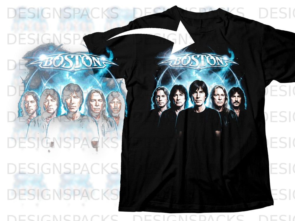Black t-shirt with Boston band logo and members on a blue starry background.