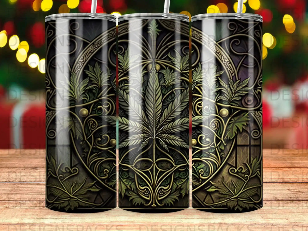 Three tumblers with a cannabis leaf and ornate gilded details.