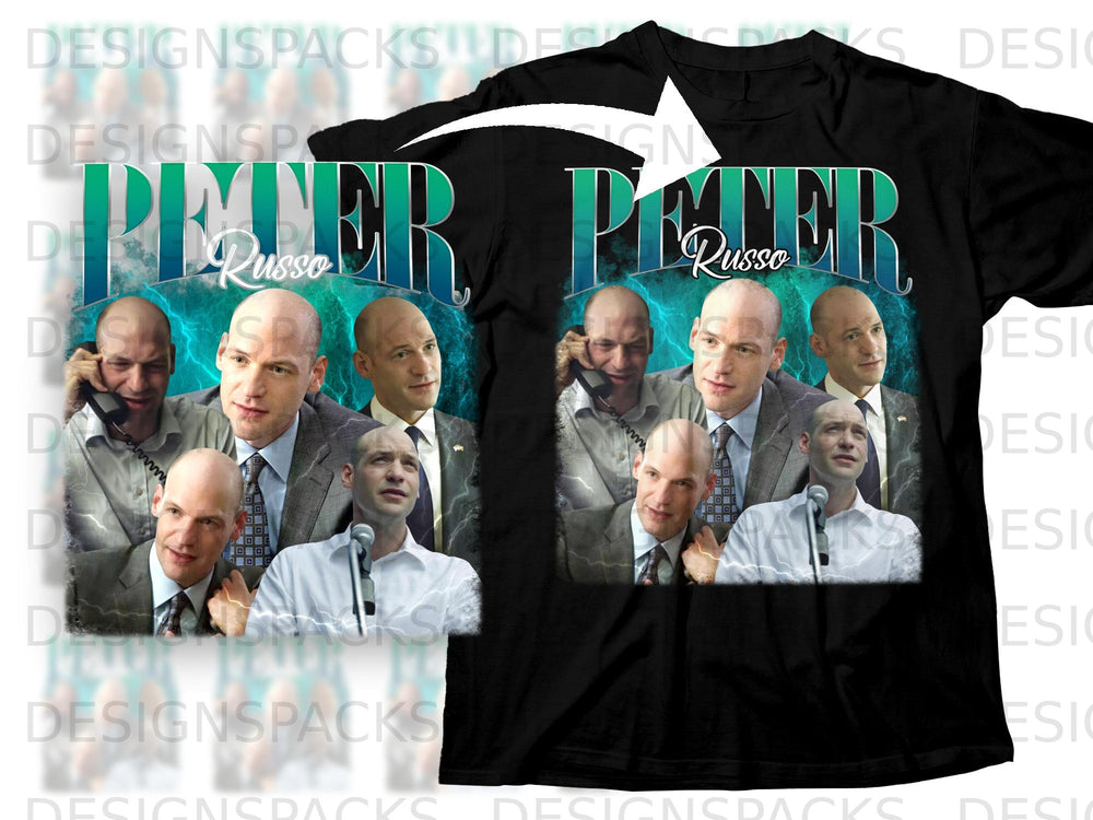 Collage of actor John Turturro as Peter Russo from "The Wire" on a black t-shirt.
