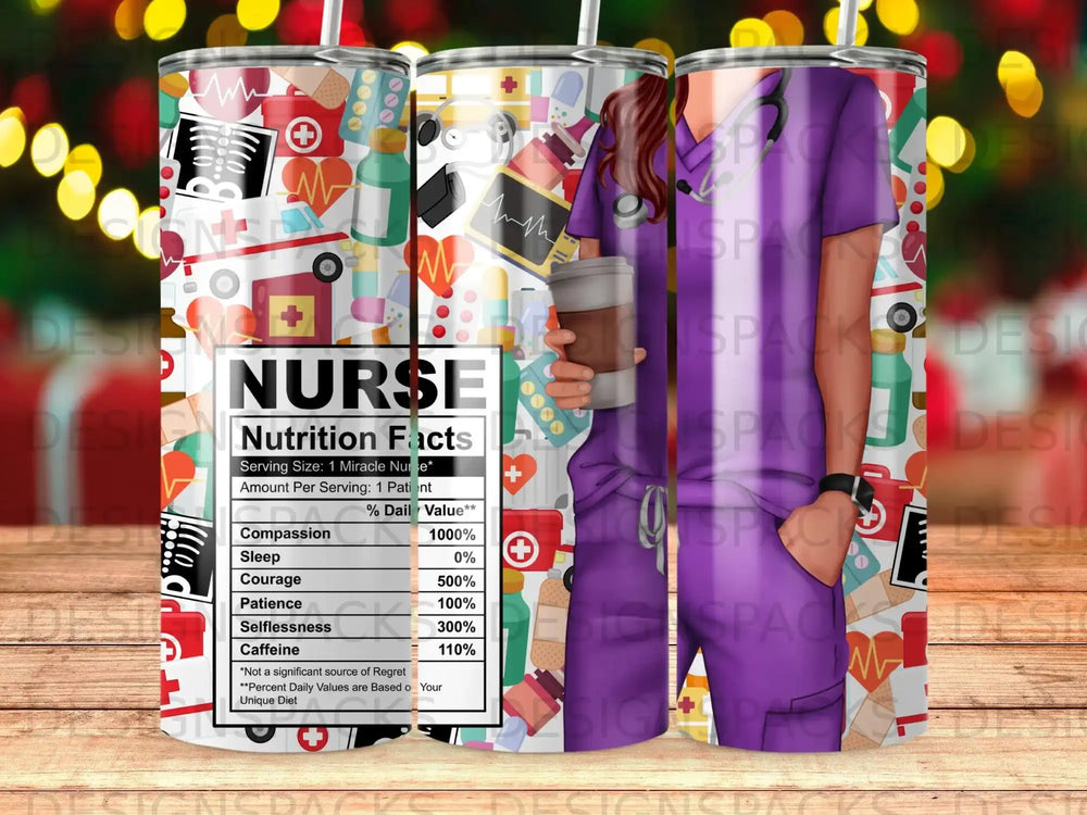 Nurse Nutrition Facts tumbler with medical icons and caffeine percentage.