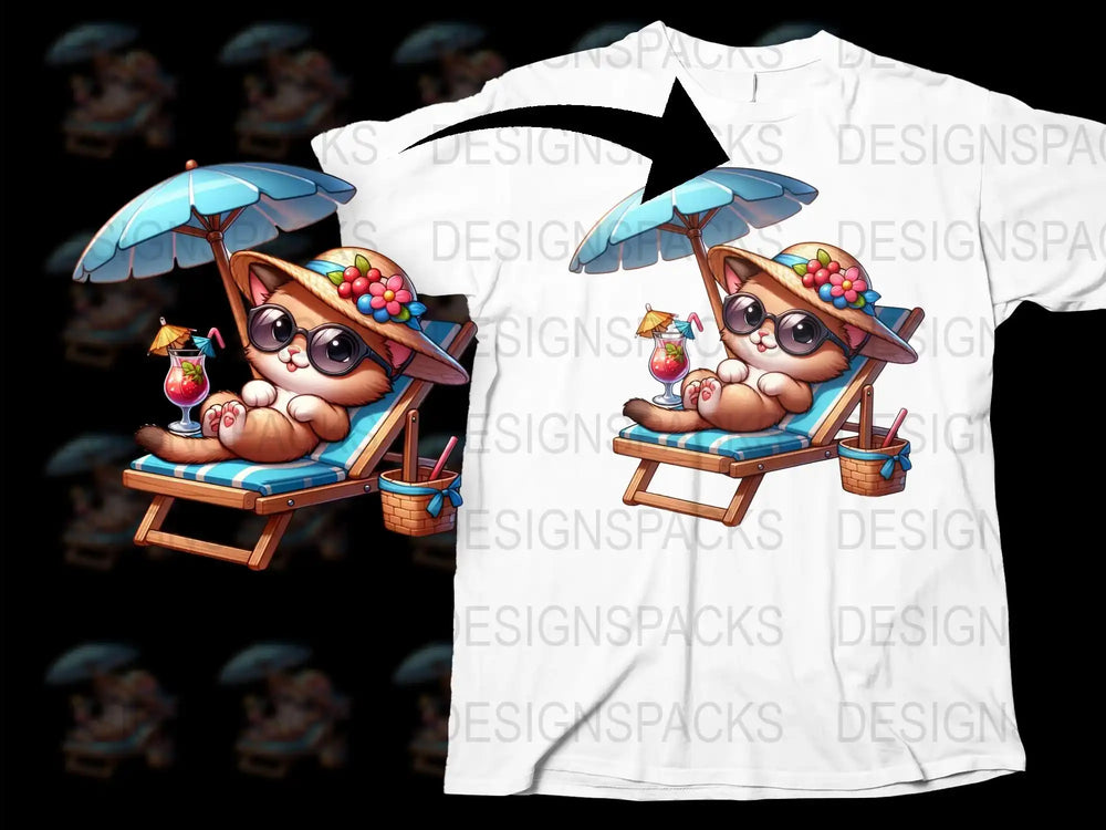 Tropical Beach Cat T-Shirt, Cute Kitten Graphic Tee, Summer Vacation Shirt, Animal Lover Gift