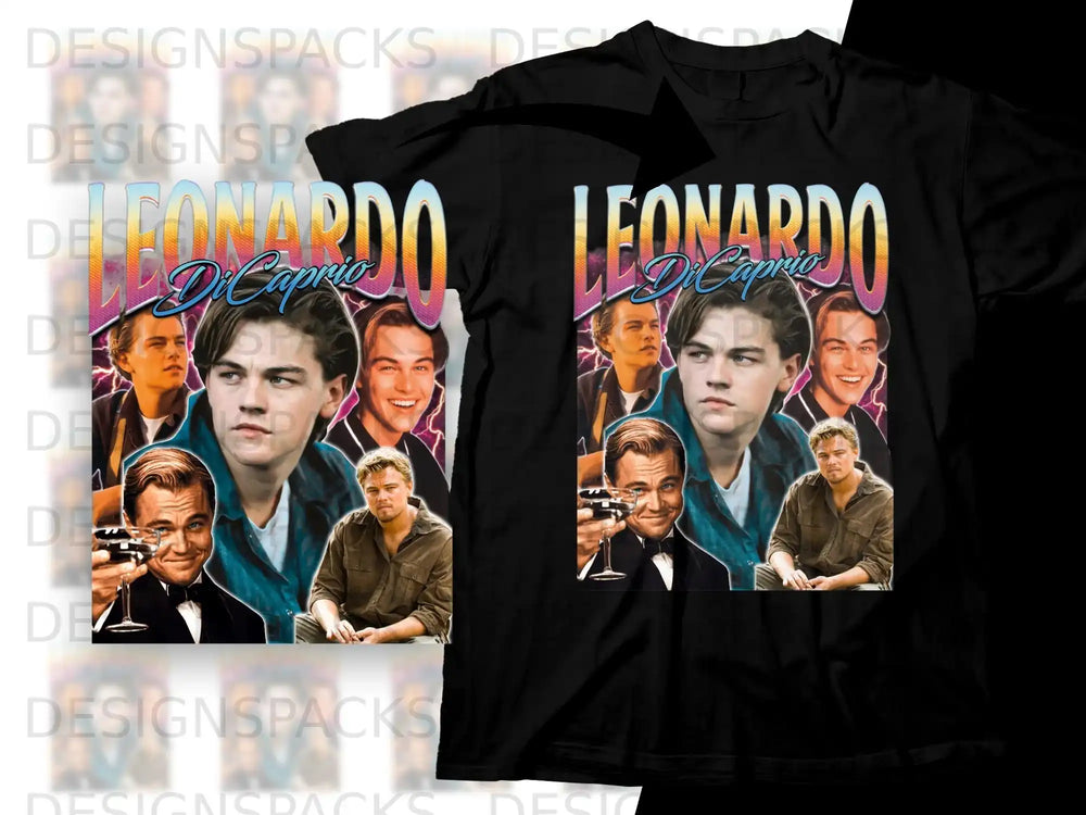 Collage of Leonardo DiCaprio poses on a black t-shirt graphic.
