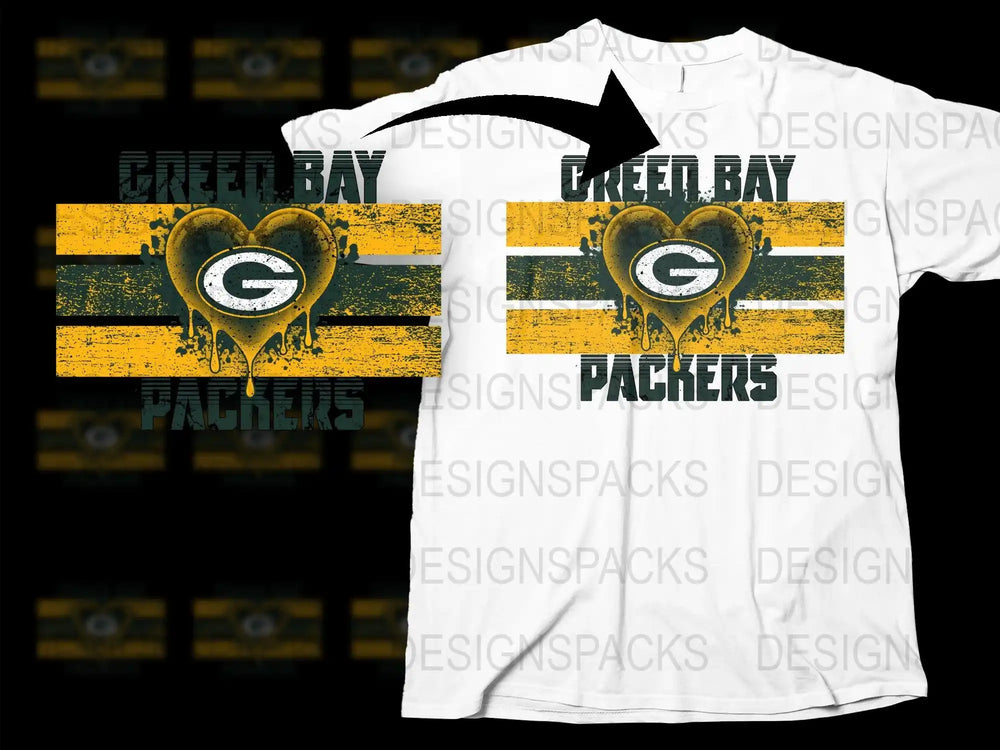 Green Bay Packers Distressed Heart T-Shirt, NFL Sports Fan Gear, Vintage Style Black and Yellow Graphic Tee