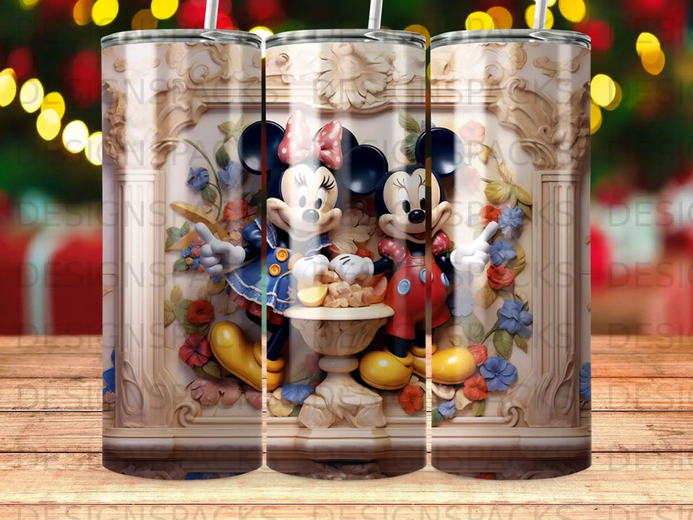 Minnie and Mickey Mouse with fruit on ornate pedestal.