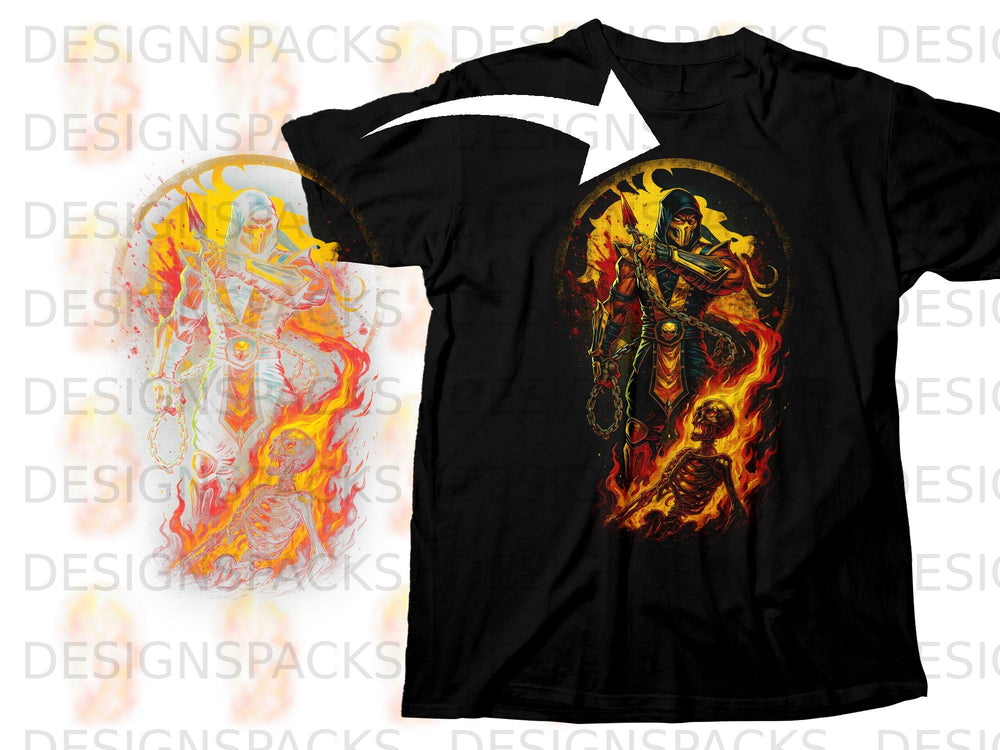 Black t-shirt with a graphic of Scorpion from Mortal Kombat surrounded by flames.