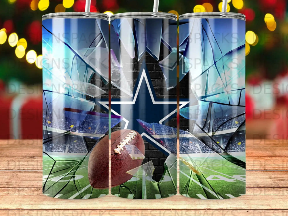Dallas Cowboys logo with a football on a stadium background.
