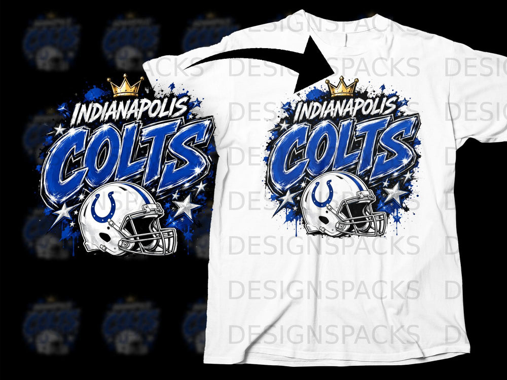 Indianapolis Colts helmet and graphic on a white t-shirt with black background.