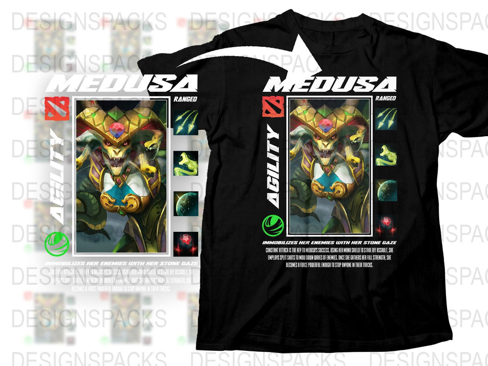 Medusa Ranger Agility Dota 2 Themed T-Shirt, Black Graphic Tee, Gamer Apparel, Unisex Gaming Shirt