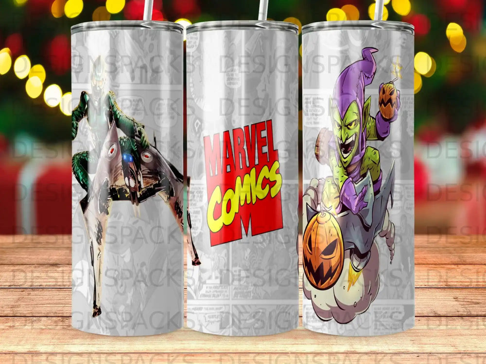 Marvel Comics style tumbler with Green Goblin on a pumpkin and a robot spider.