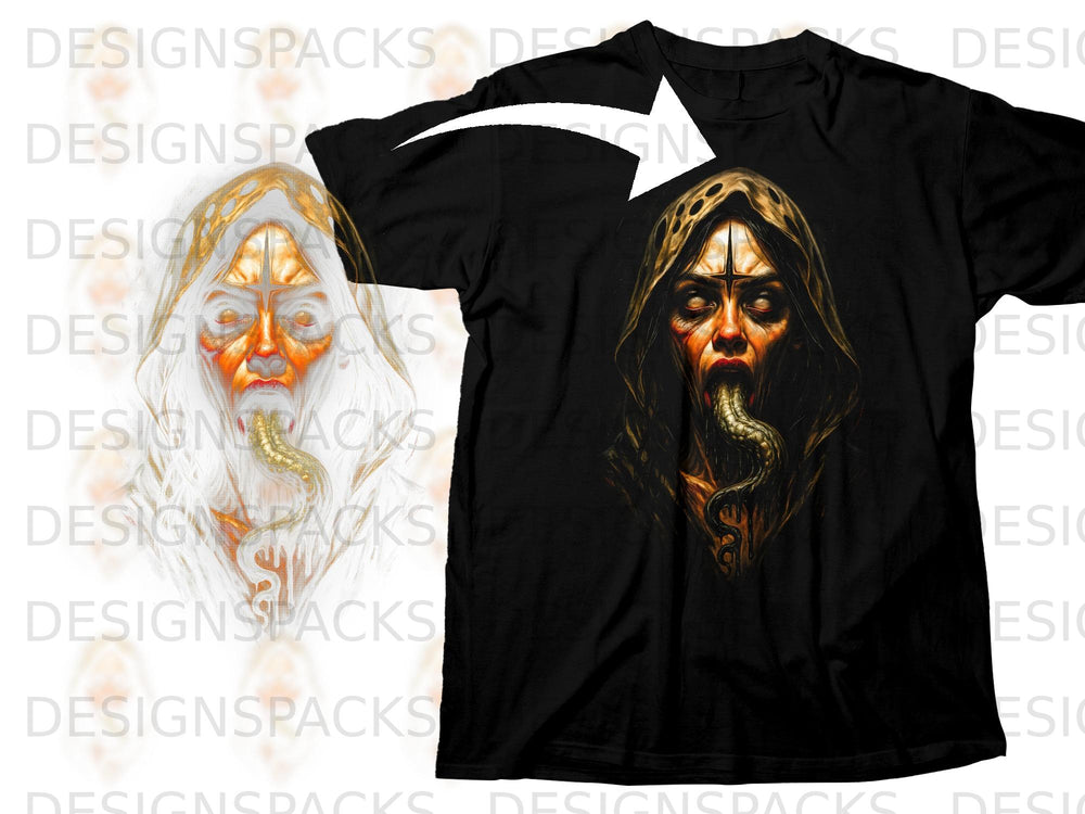 Black t-shirt with demonic hooded figure with snake tongue graphic.