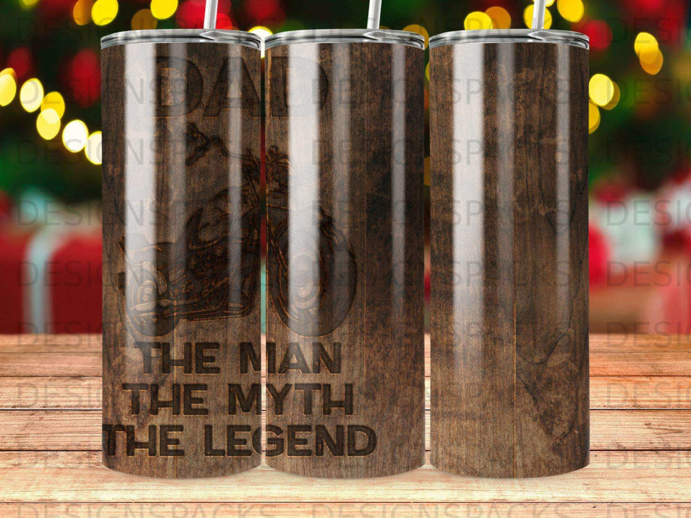 Tumbler with "The Man The Myth The Legend" text and motorcycle silhouette.