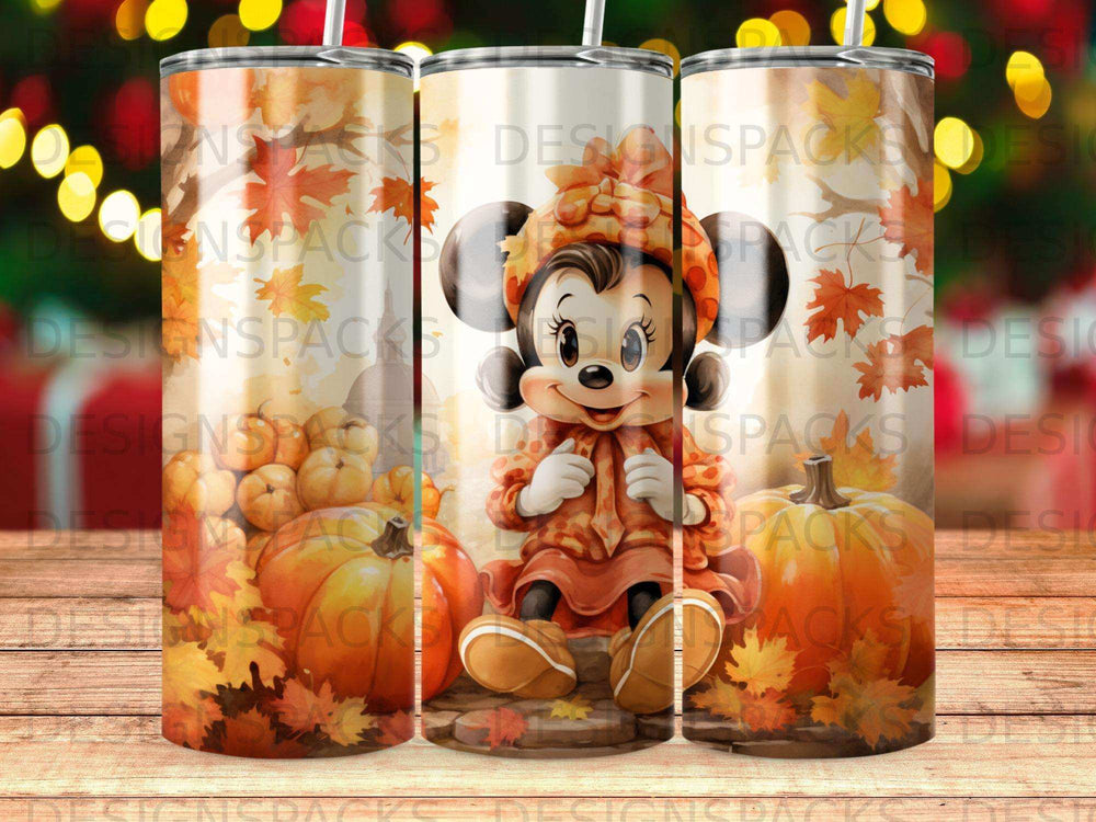 Minnie Mouse in autumn attire holding a pumpkin.