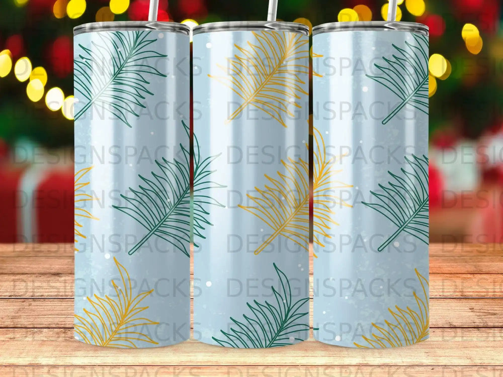 Two tumblers with palm leaf patterns and a watermark.