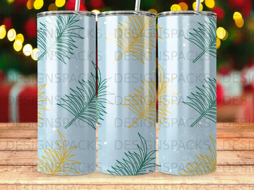 Two tumblers with palm leaf patterns and a watermark.