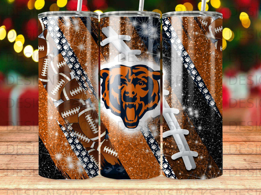 Chicago Bears logo on glittery tumbler with football graphics.