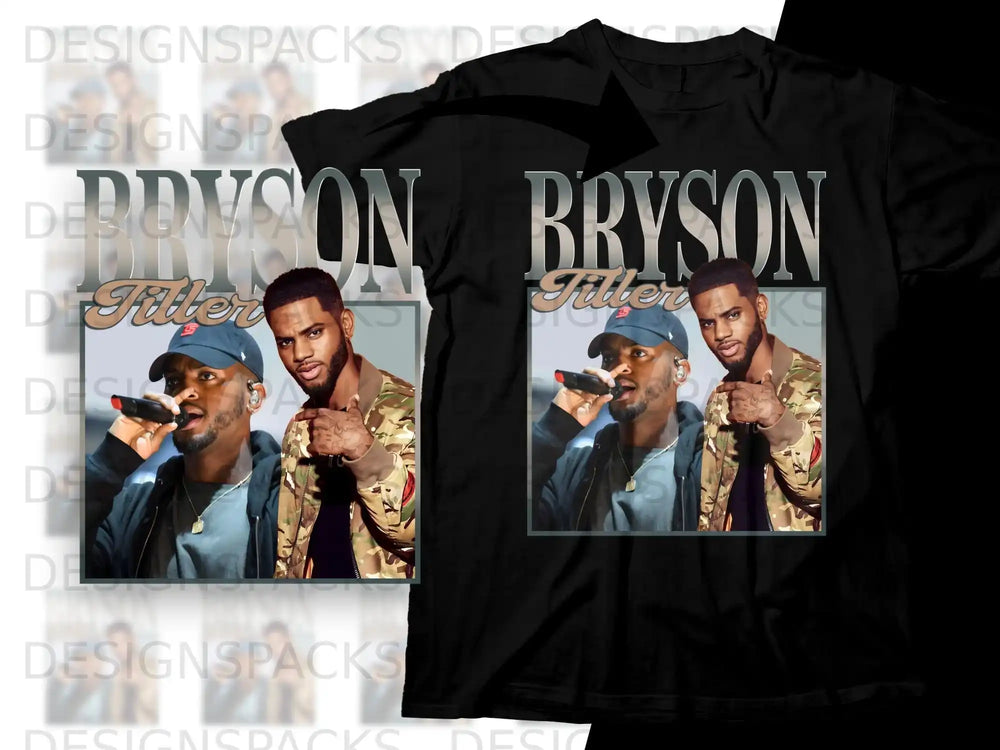 Bryson Tiller on black t-shirt with repeated logo watermark.