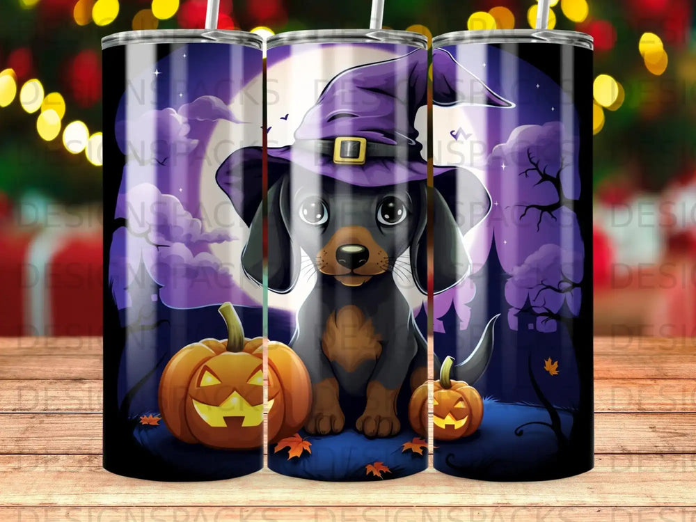 Dachshund wearing witch hat with pumpkins and spooky forest background.