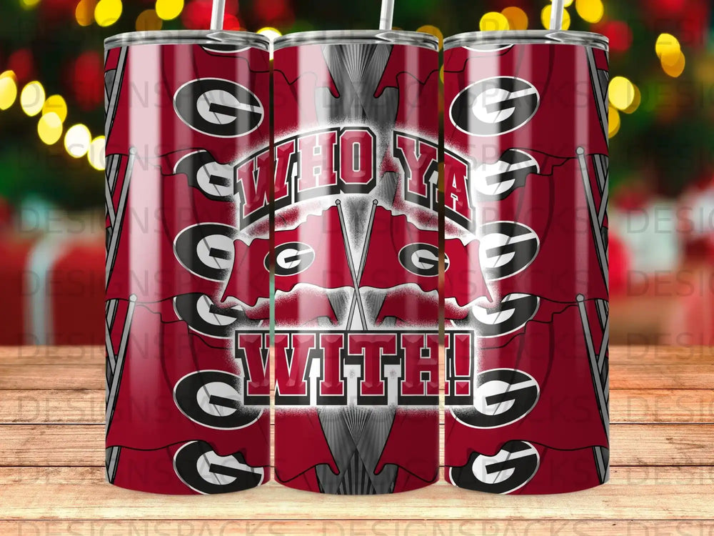 Red and black UGA Bulldogs "Who Ya With?!" tumbler with repeating logo pattern.