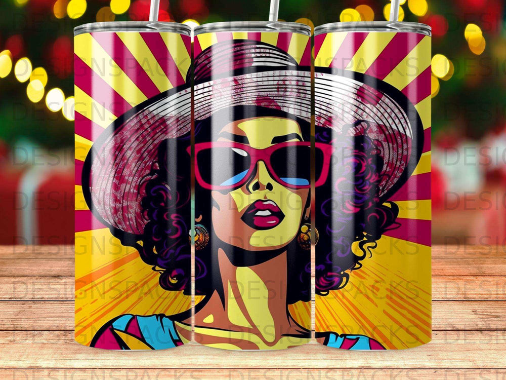 Woman in large sun hat and sunglasses, vibrant sunburst background.