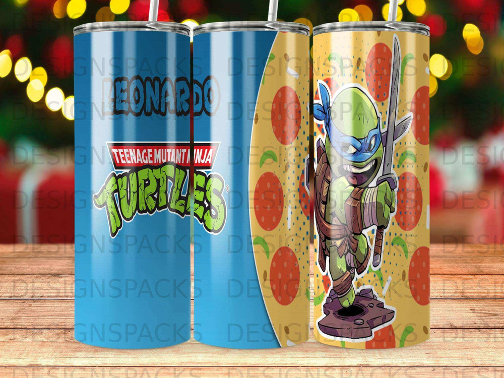 Teenage Mutant Ninja Turtle Leonardo character on tumbler with pepperoni pattern.