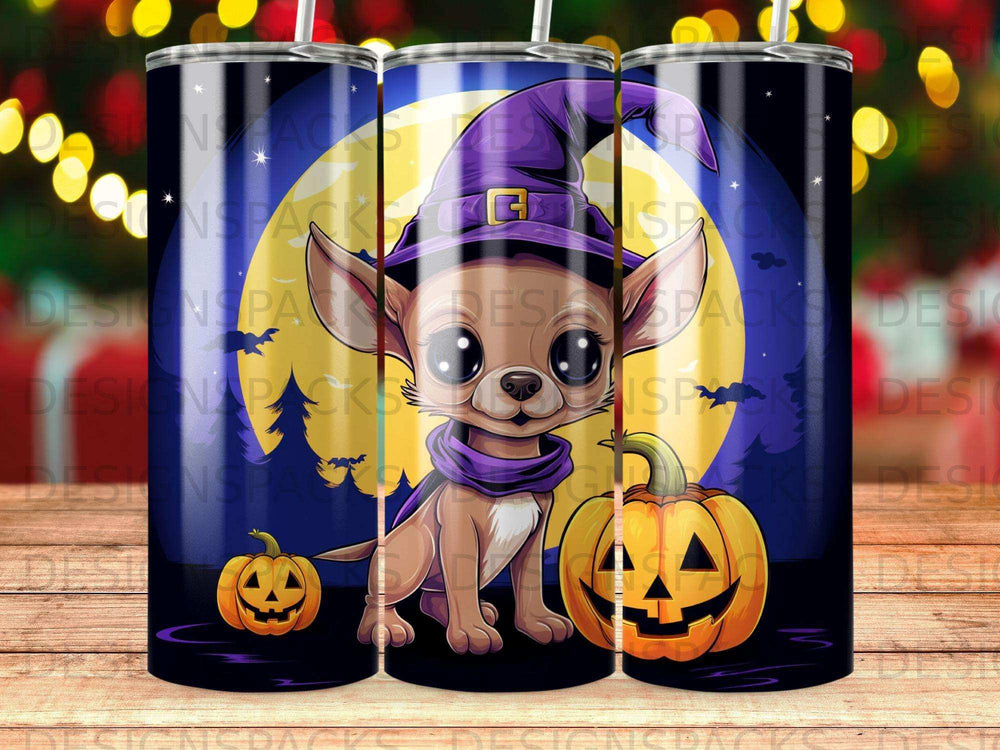 Chihuahua in witch hat with pumpkins.