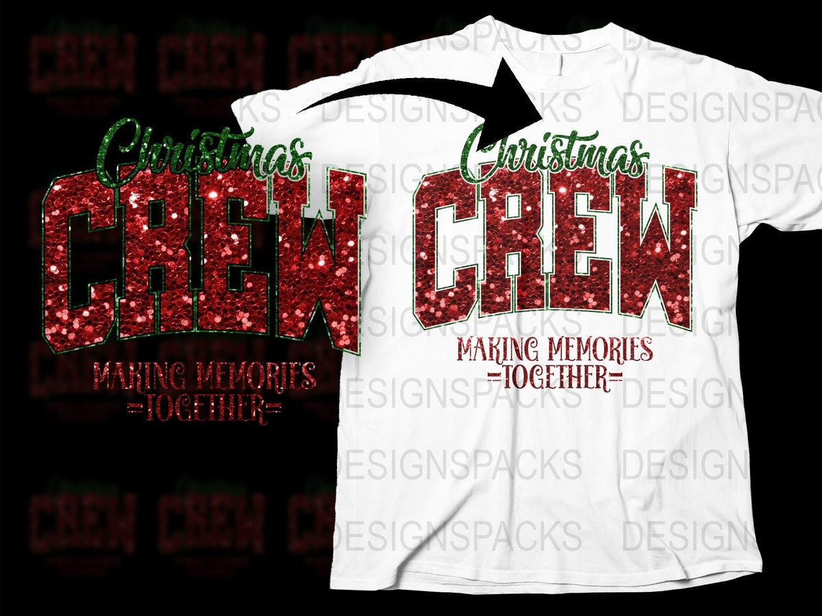 Christmas Crew T-Shirt, Family Holiday Matching Outfits, Sparkly Red Text, Festive Group Apparel