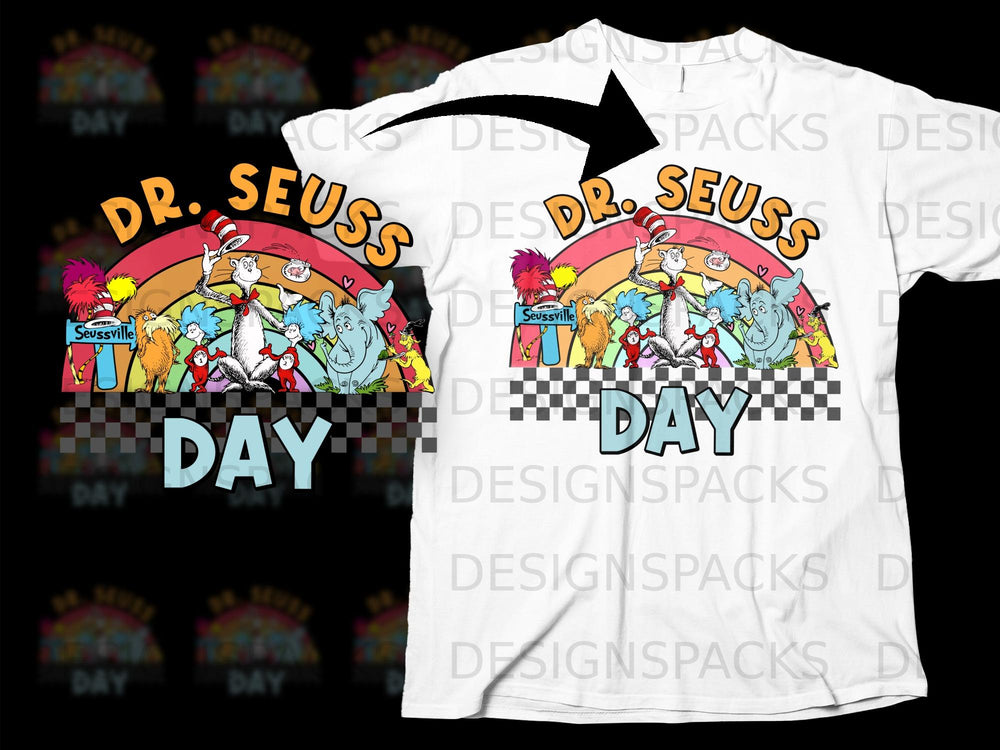 Dr. Seuss characters on a rainbow with "Seussville" and "Day" text.