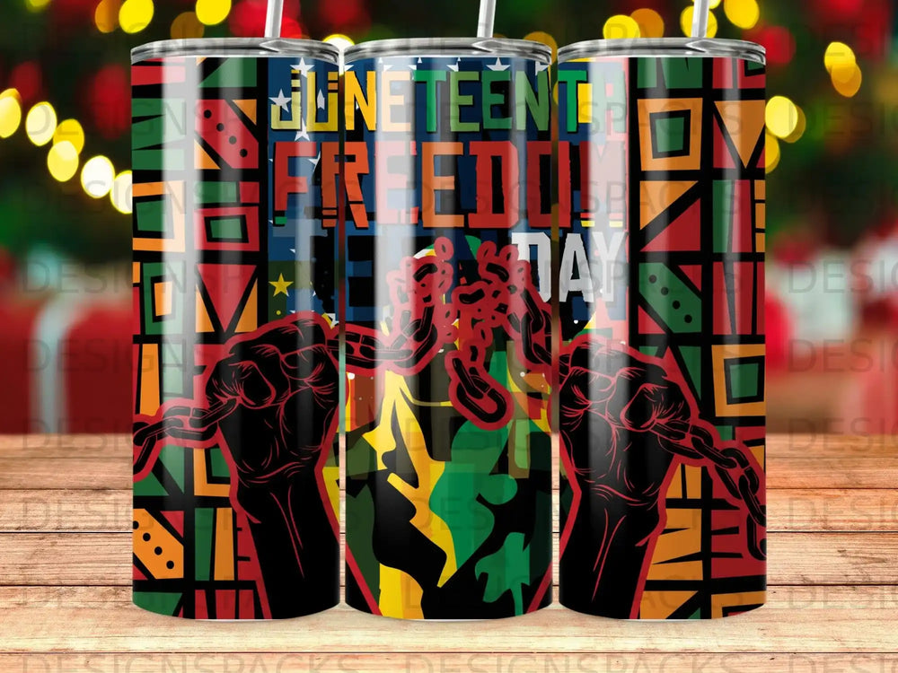Juneteenth Freedom Day tumbler with chains, hands, and a colorful abstract background.