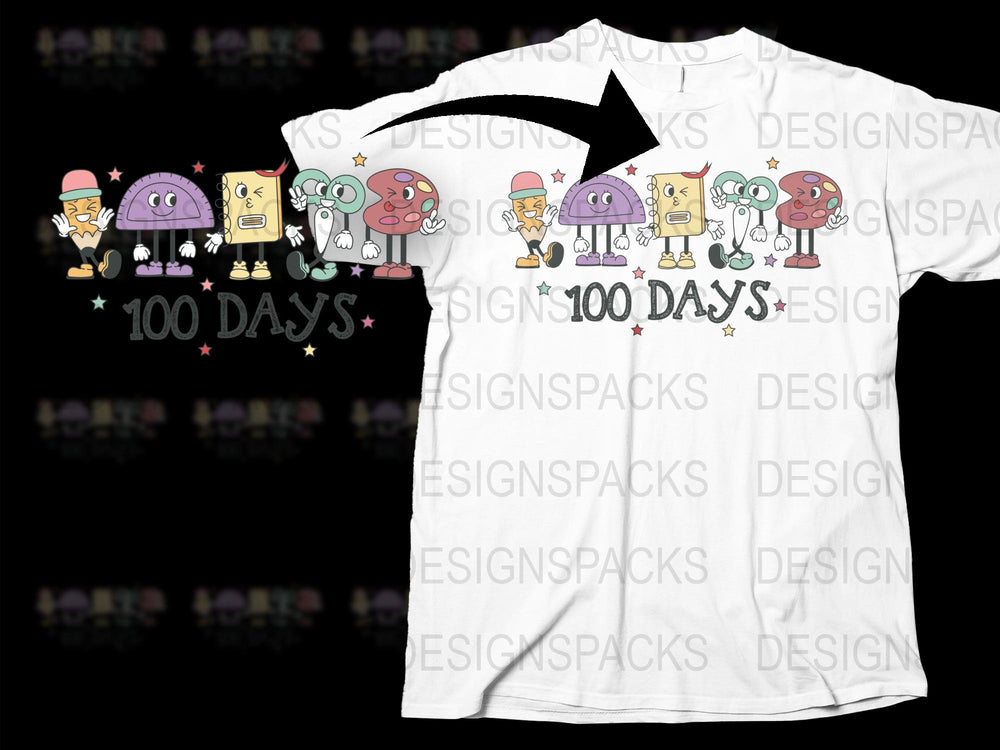 100 Days of School T-Shirt for Kids, Colorful Cartoon Characters, Celebration Tee