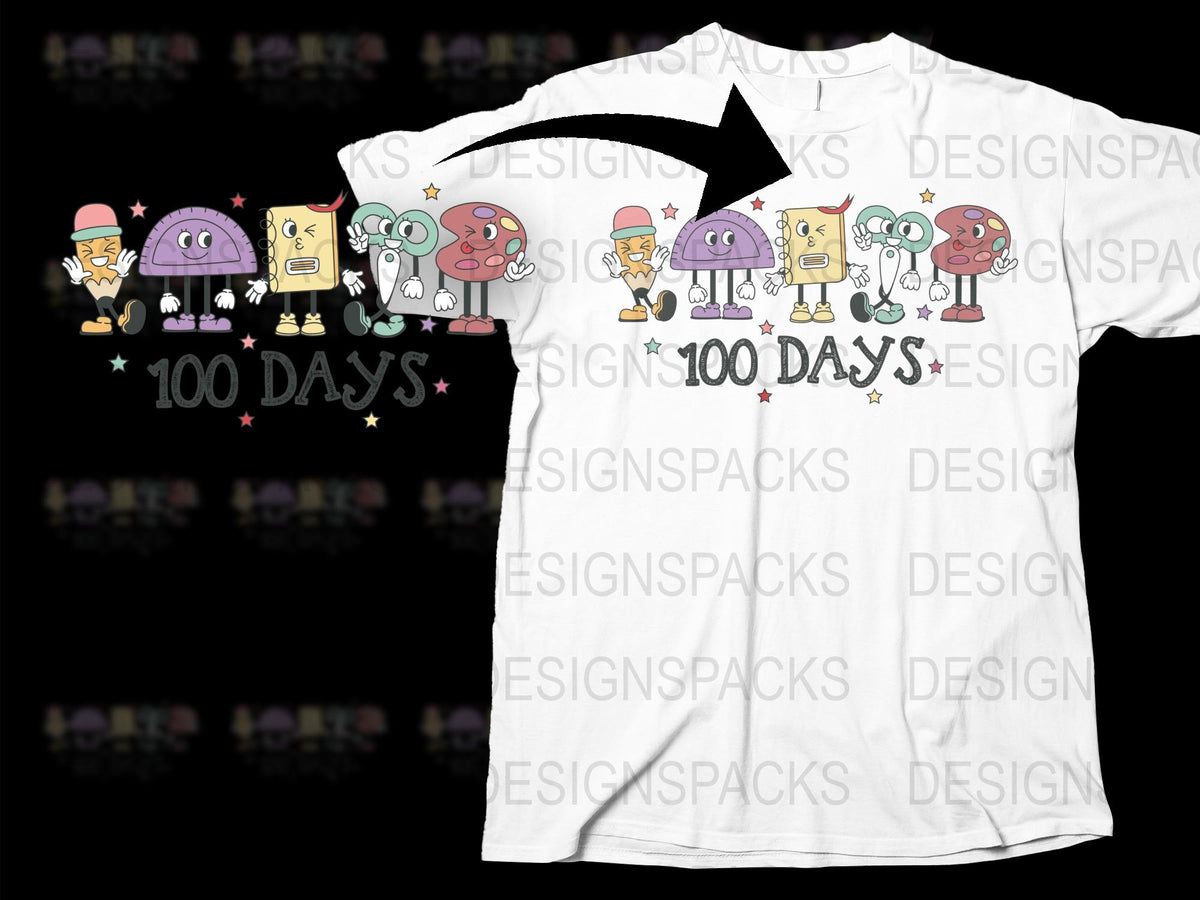 100 Days of School T-Shirt for Kids, Colorful Cartoon Characters, Celebration Tee