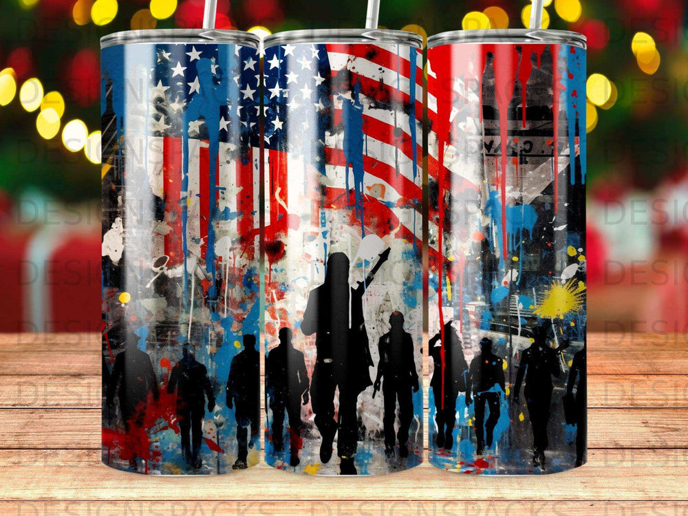 Silhouettes of people walking against a distressed American flag background.
