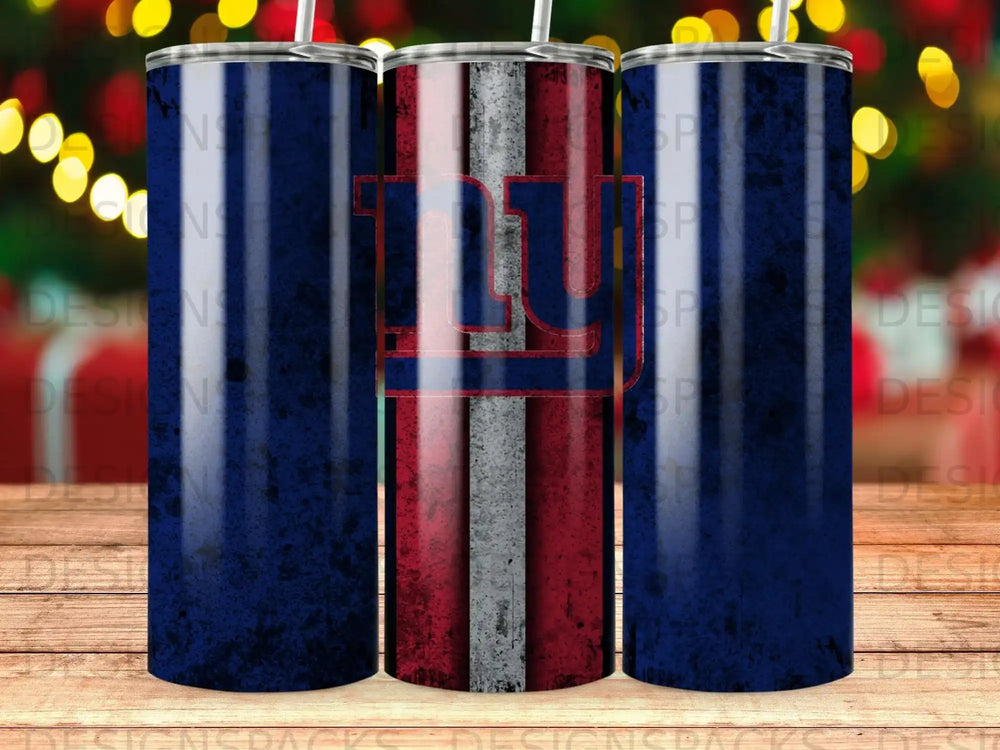 Three New York Giants tumblers with blue, red, and white stripes.