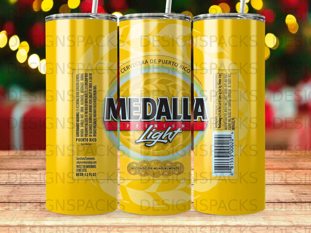 Medalla Light beer tumbler with government warning and product information.